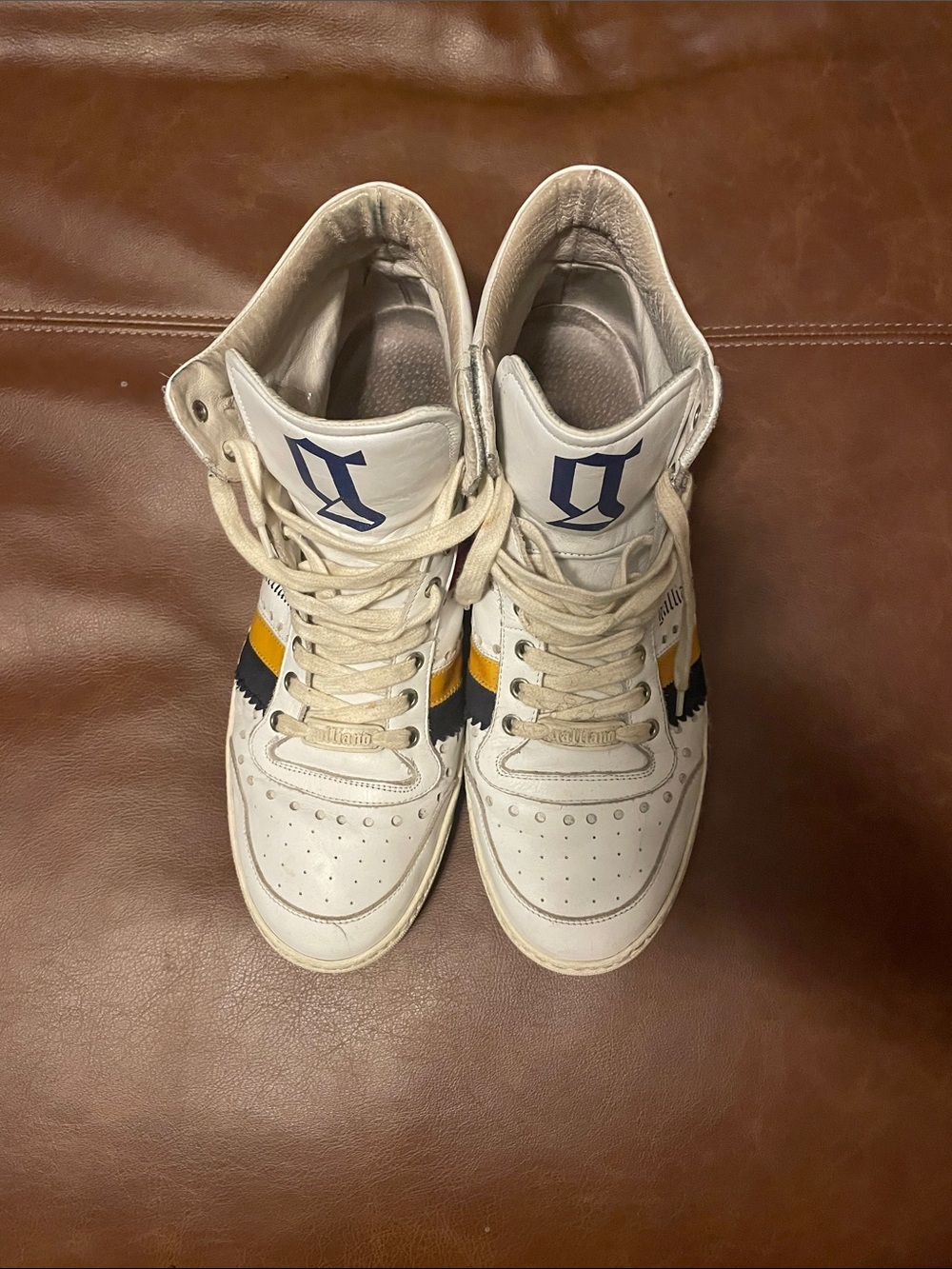 Galliano White Leather High-Top Sneakers with Navy and Yellow Accents